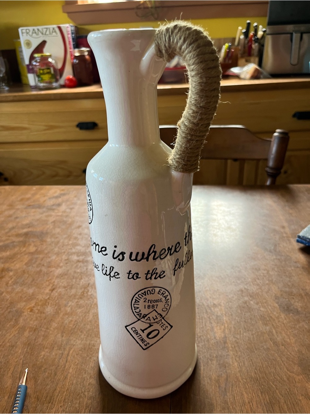 Rustic White Ceramic Pitcher with Rope Handle -